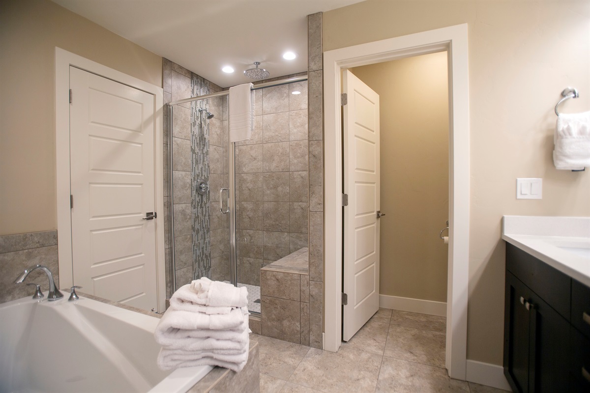 Spa-style bathroom with soaking tub, walk-in shower, and modern finishes.