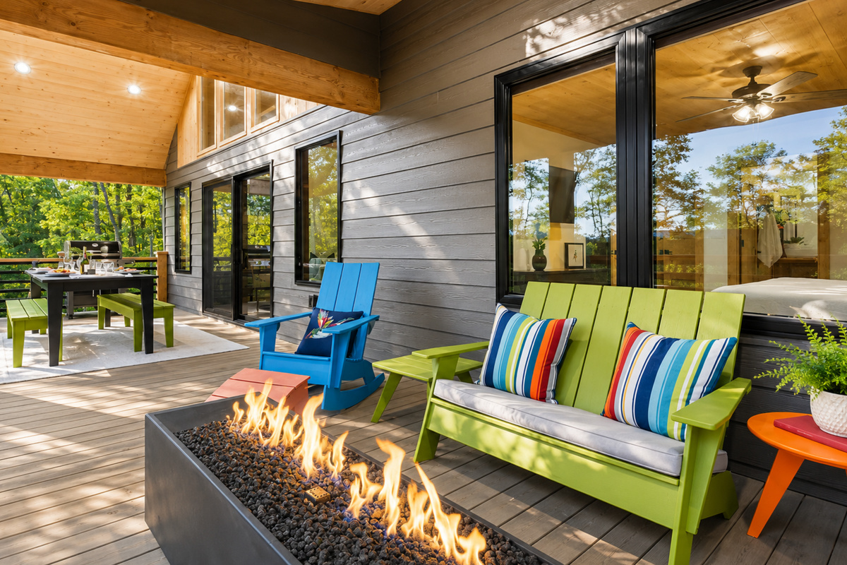 Gather around the glowing fire table, dine al fresco, and savor the mountain views from this vibrant outdoor space.
*Fire Table (Available Year Round)