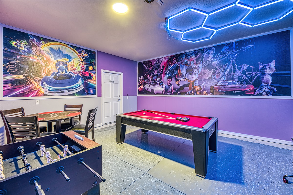 Game Room with Pool Table and Arcade