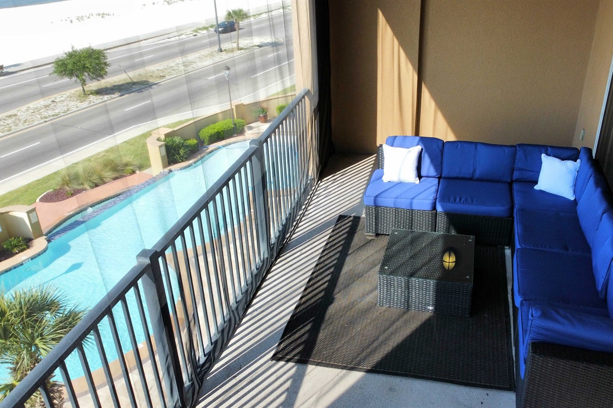 East facing balcony and view of the pool.