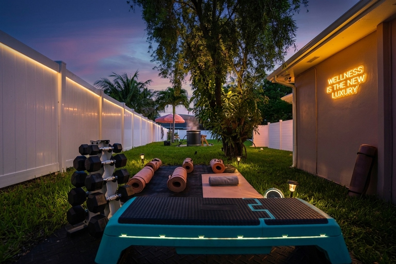 Private Outdoor Wellness & Meditation Space 🌿
Unwind, stretch, and recharge in this peaceful backyard wellness retreat featuring yoga mats, free weights, and a serene tropical setting perfect for meditation, morning movement, or mindful relaxation.
