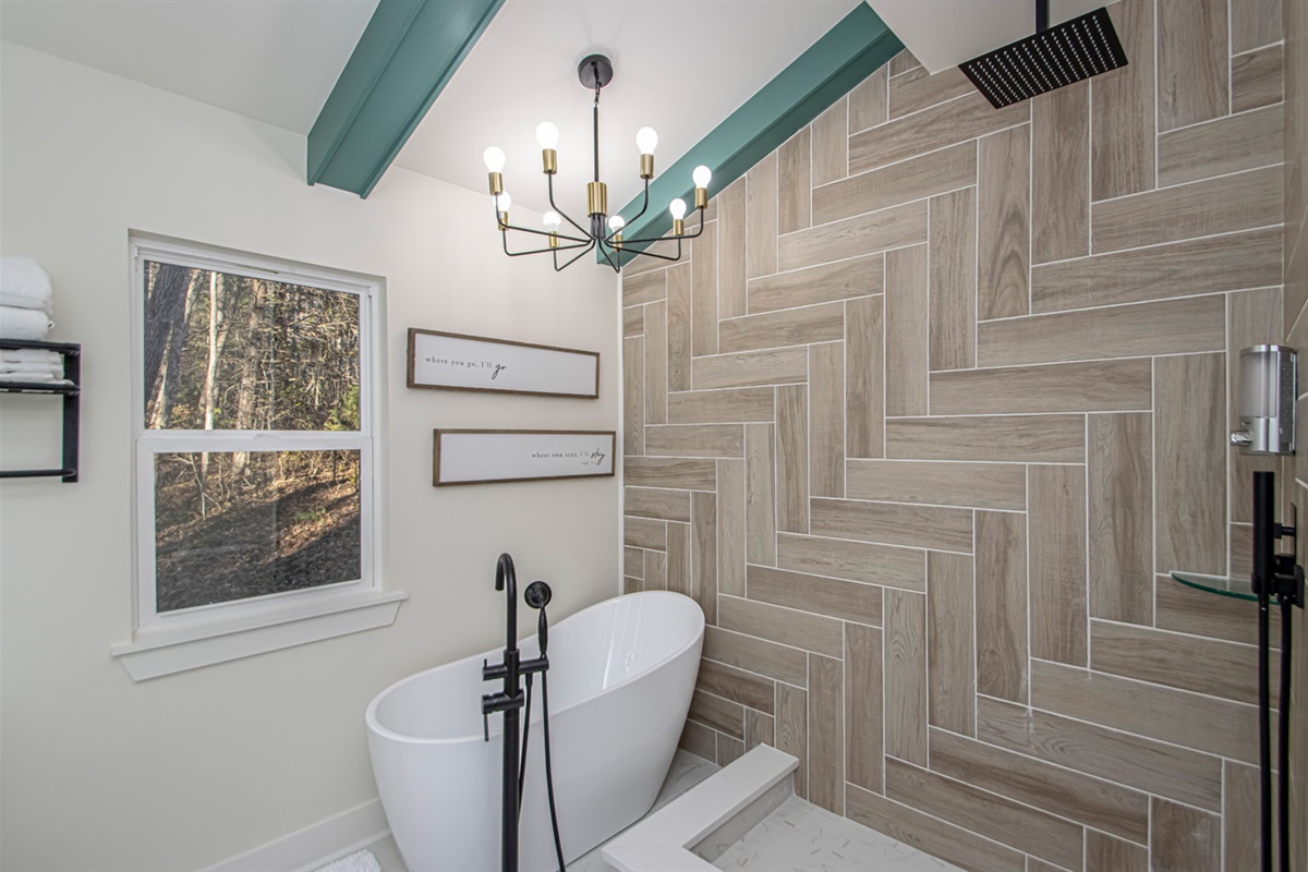 Soaking Tub and Stand Alone Rain Shower