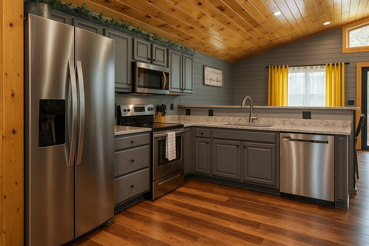 Spacious kitchen with just about everything you need to cook the best meal. New appliances, toaster oven, blender, instapot rice cooker, pots/pans, baking trays, wine glasses, mugs, knives, dinnerware, dining for kids, and basic condiments.