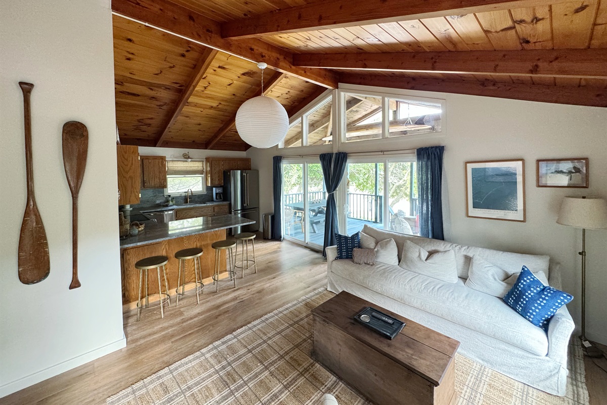 Open Spacious Living Room and Kitchen with double sliders to the covered porch