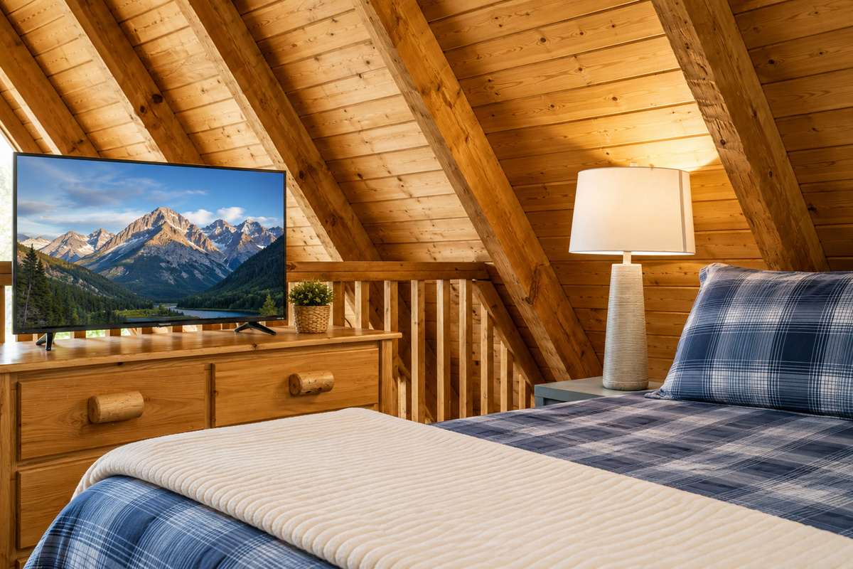 Upper level loft bedroom, with queen bed and smart TV