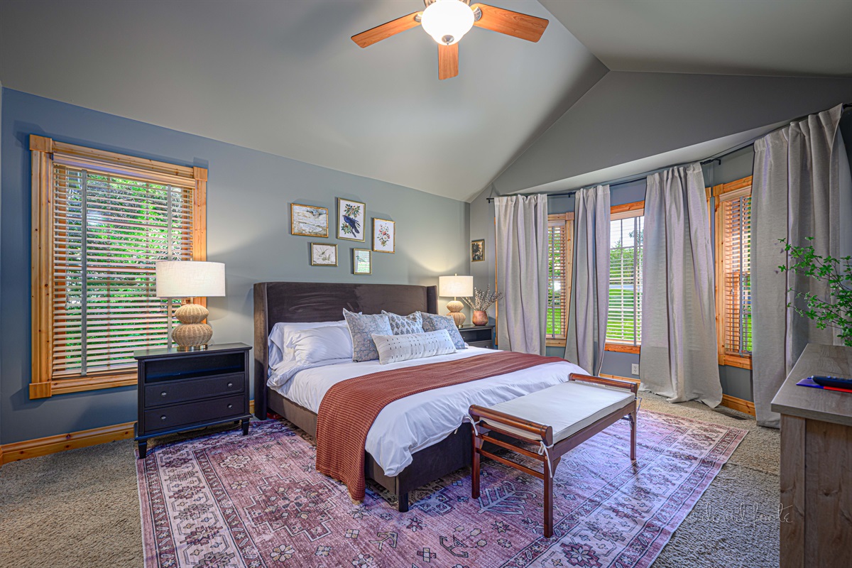 Primary bedroom on main floor includes king bed, walk in closet, Roku TV, and en suite bathroom