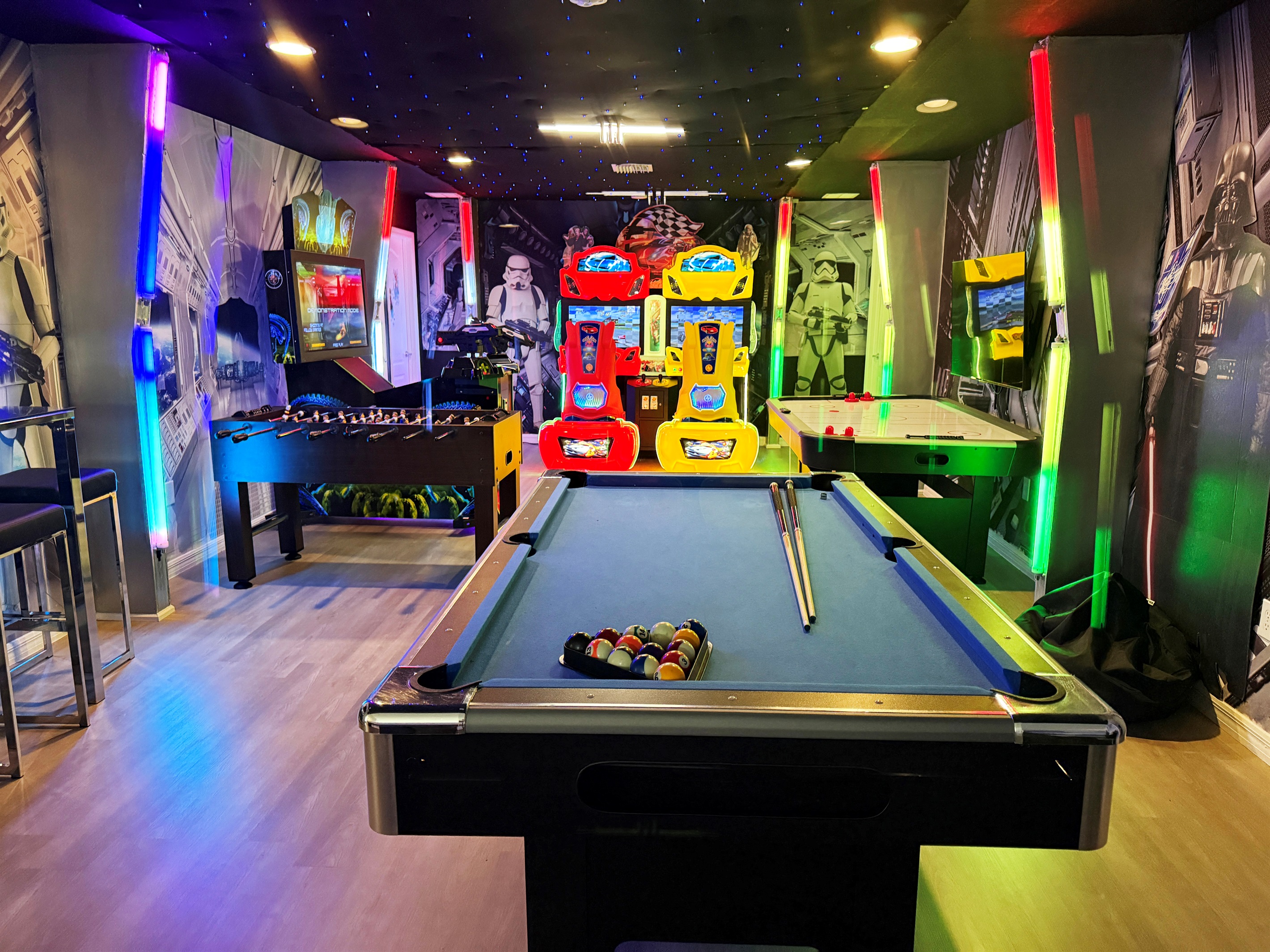 Incredible Star Wars Theme Game Room-Play Pool, Air Hockey, Foosball, Arcade Games (Alien Extermination and Outrun Car Race)