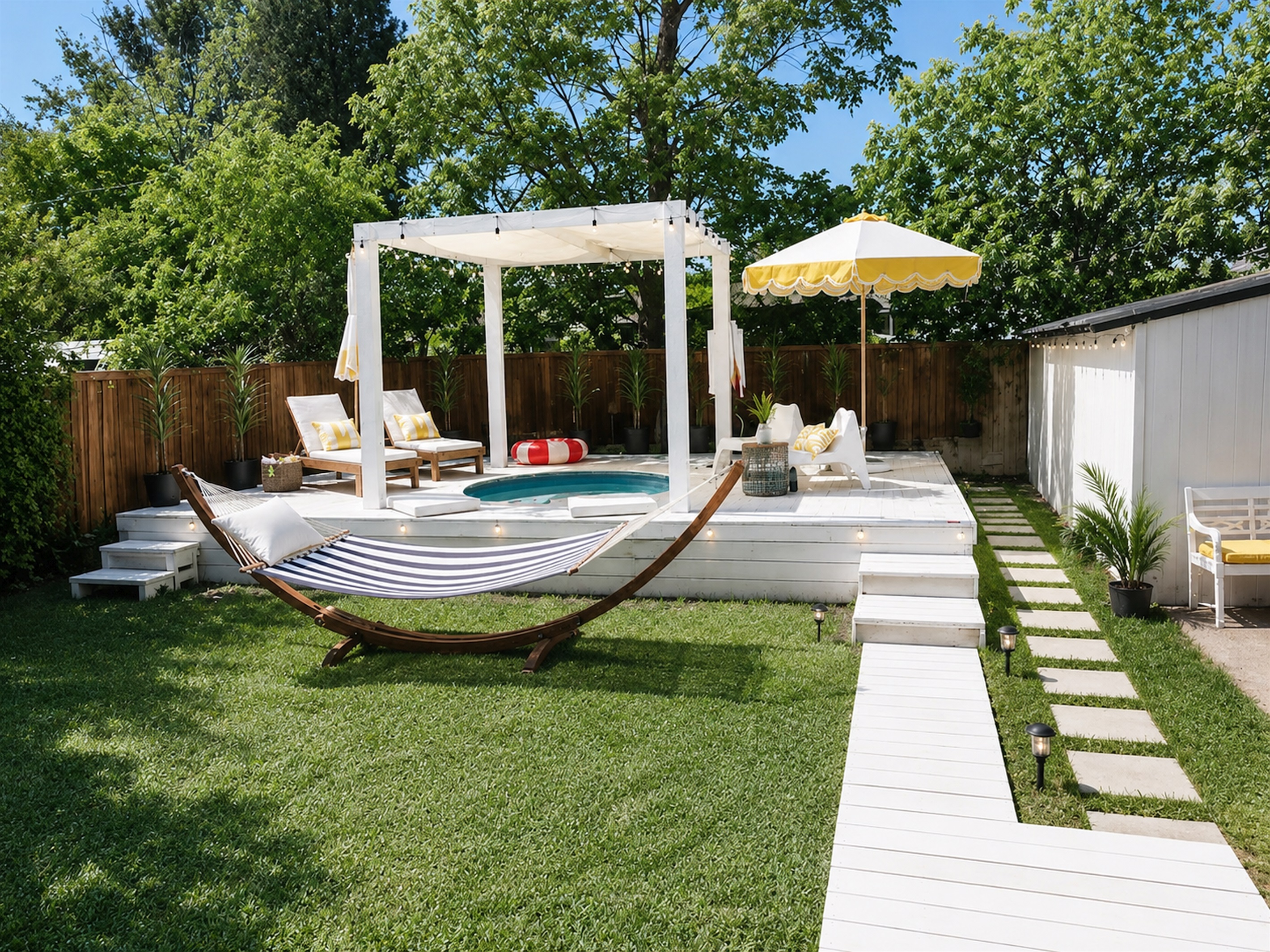 Relax in your own private outdoor oasis with spa pool, designer loungers, hammock, and lush landscaped yard