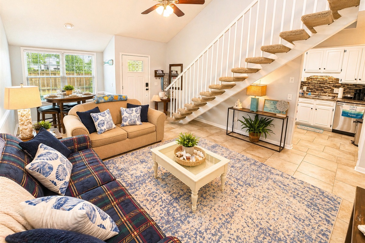 Living room with vaulted ceilings