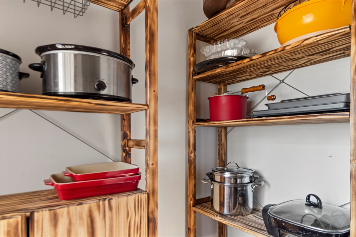 Everything you need for cooking is in the pantry, from pans to pots.