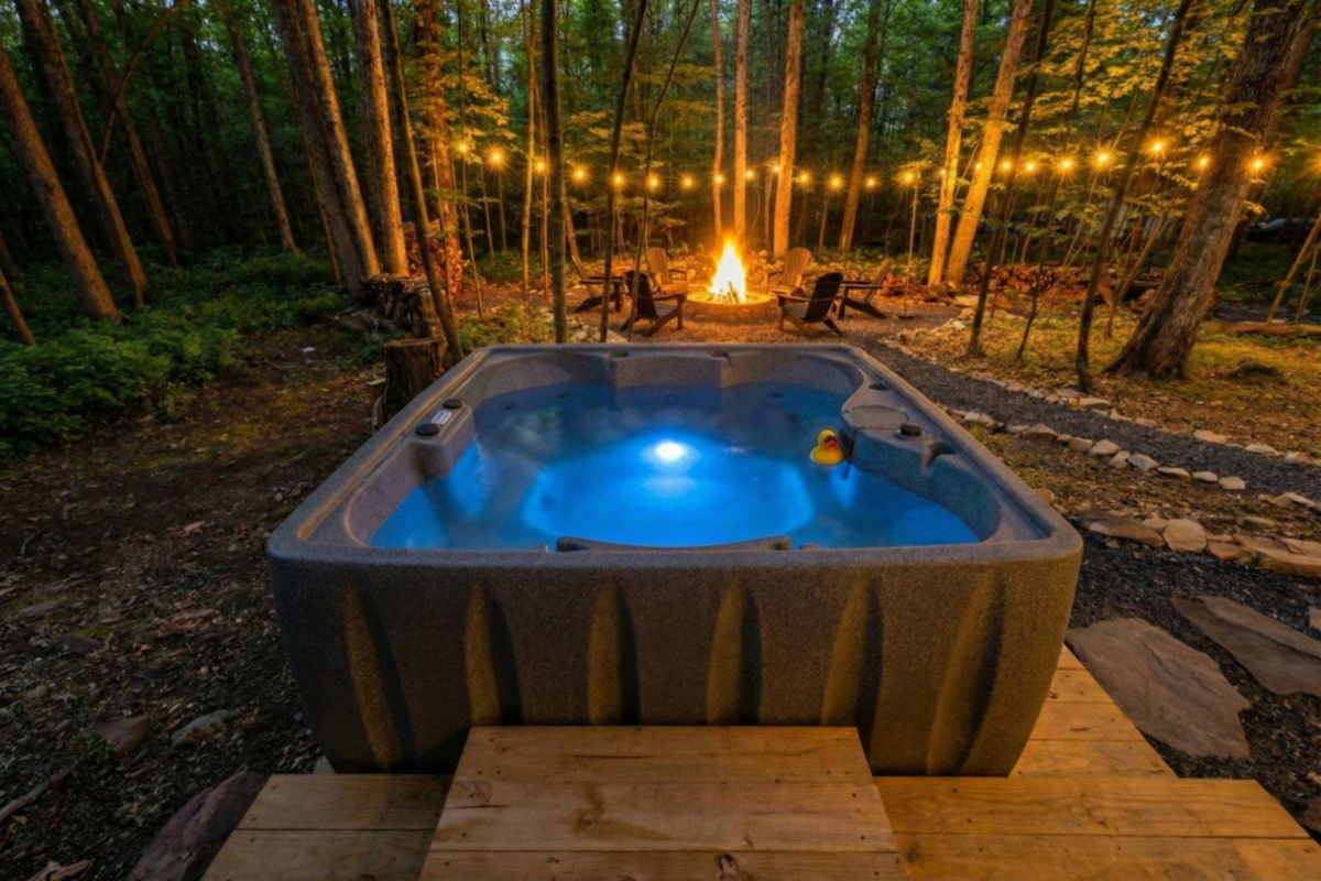 Soak in your private tub overlooking the firepit and woods - if you are lucky, a deer will walk by
