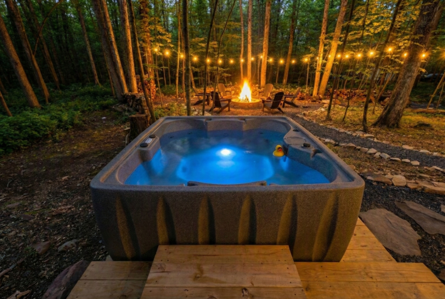 Soak in your private tub overlooking the firepit and woods - if you are lucky, a deer will walk by