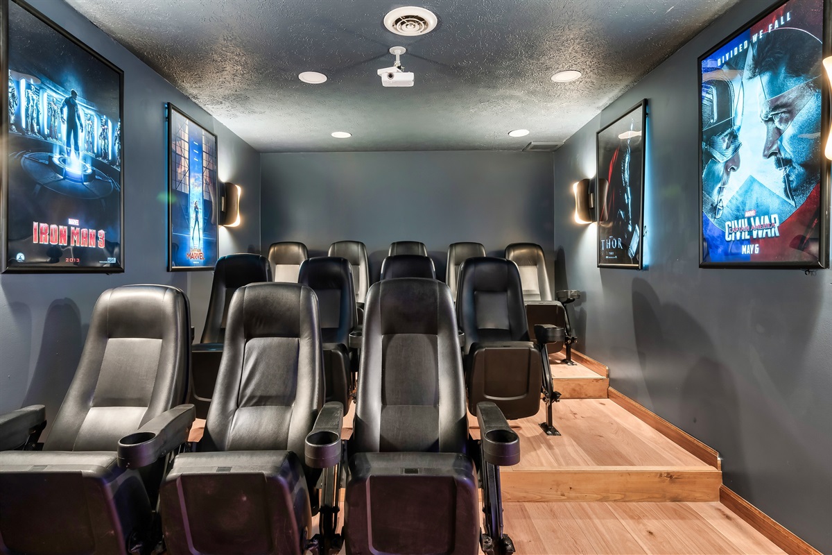 Gorgeous movie room w/back lit posters