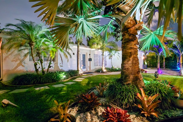 Tropical illuminated entrance with luxury resort-style landscaping at night