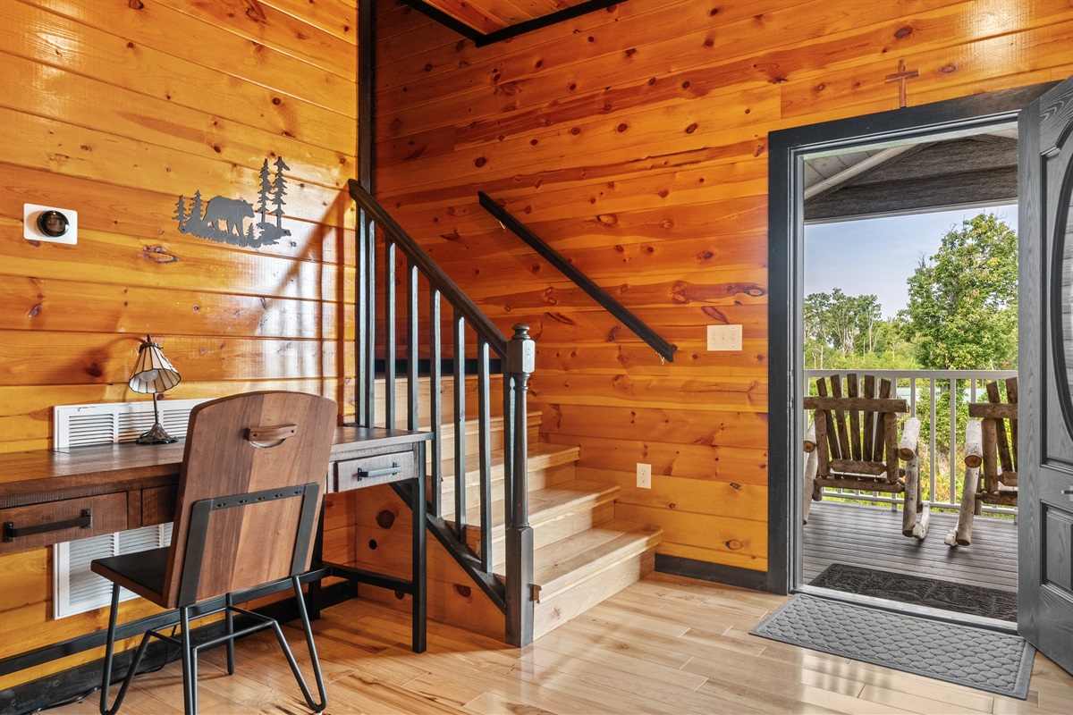 The dedicated work desk is right inside the front door and close to the WI-FI.