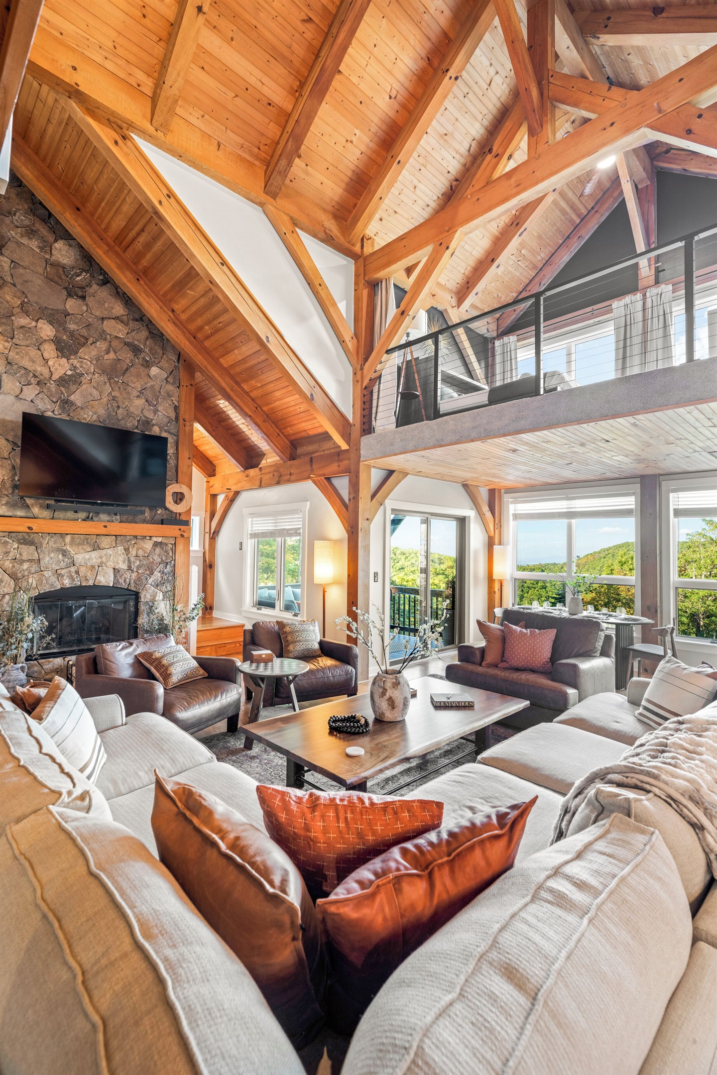 Stunning living room with post and beam architecture