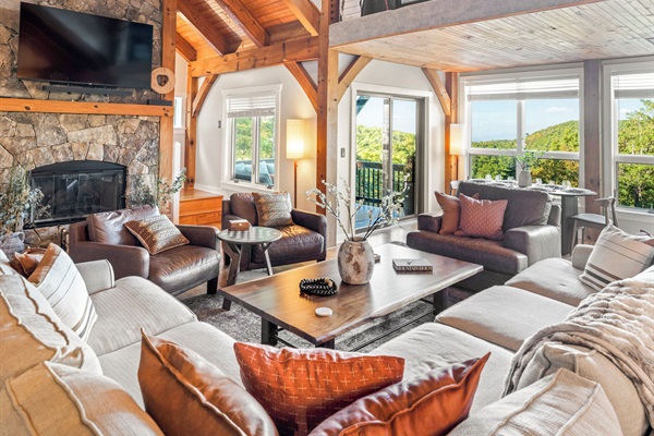 Stunning living room with post and beam architecture