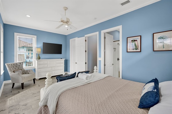 Second floor guest bedroom with queen size bed