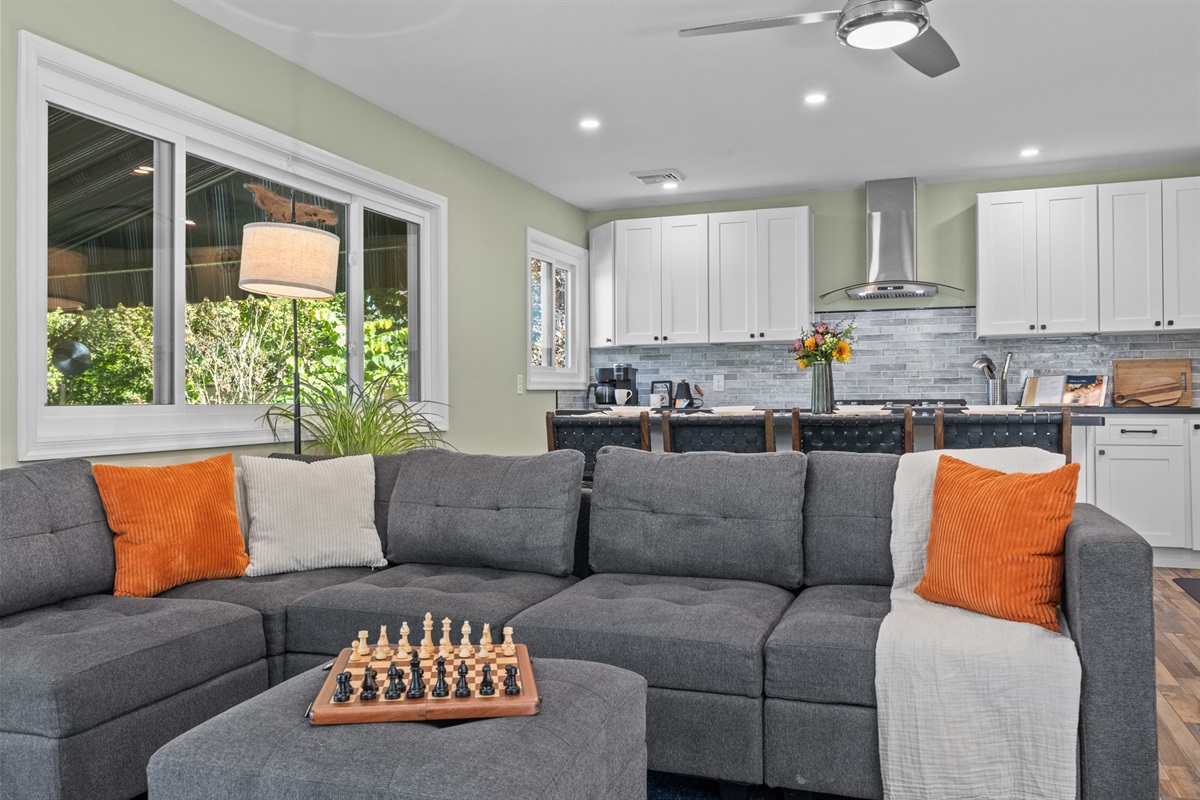 The sofa in the living room easily converts into a full-size bed