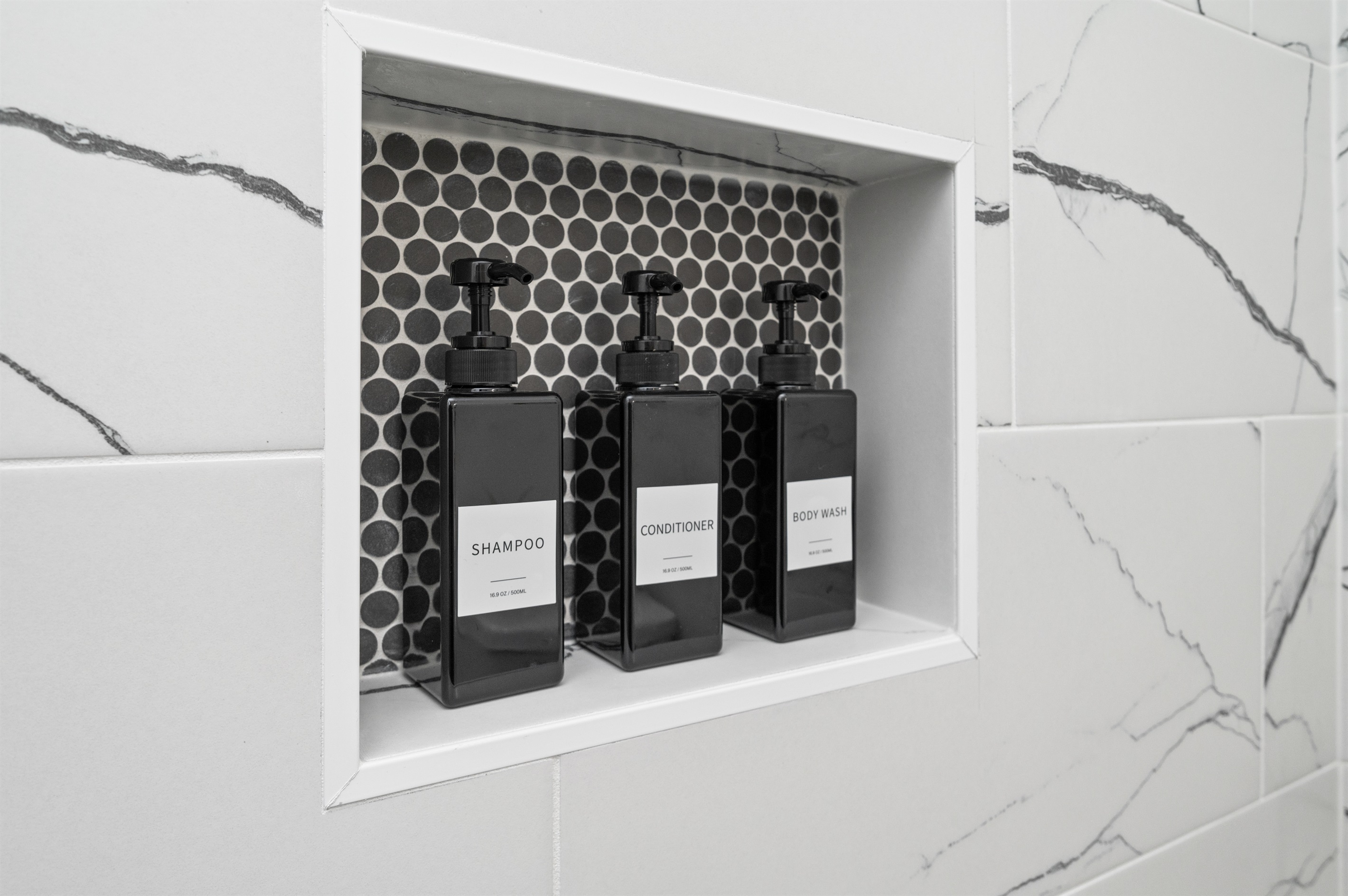 Shampoo, conditioner, and body wash is provided for your convenience