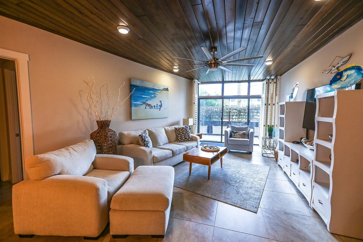 Secondary living space with rustic touches and cozy lighting.