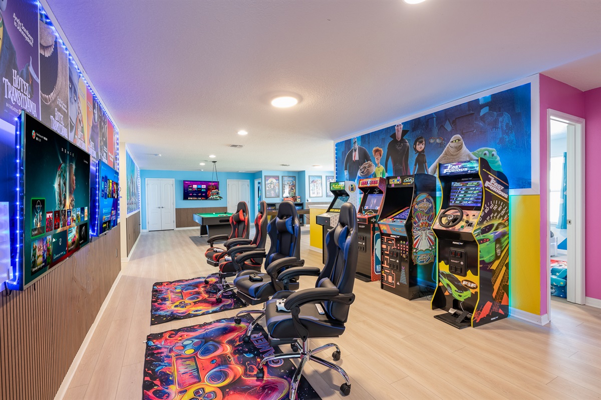 3 separate gaming stations with Xbox, Playstation, Nintendo Switch and Nintendo Wii