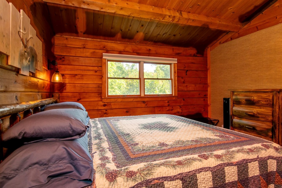 Rustic log furniture: King sized bed, chest of drawers and side table.