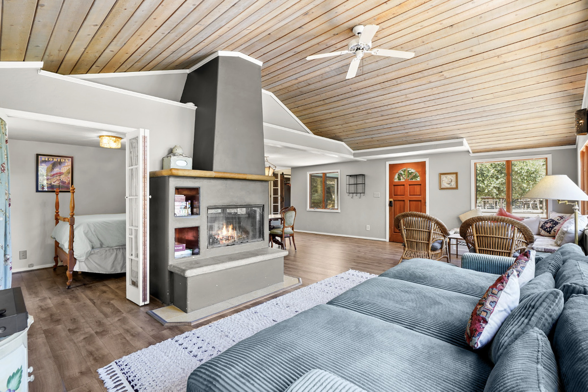 Cozy gathering space with a warm fireplace