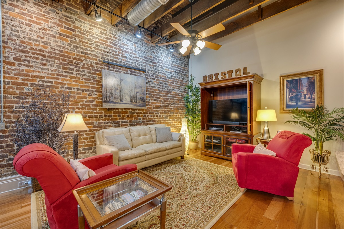 The photo shows the living room, complete with a TV area equipped with Fire TV and Netflix. 