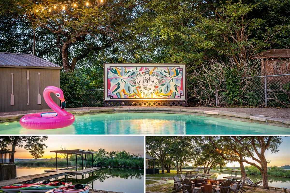 Pool, kayaks, fire pit, and a mural that sets the tone. The Lake Château on Lake Granbury was built for groups who want the whole experience. Luxury lakefront vacation rental near Fort Worth, TX.