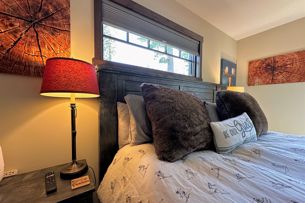 Kick back and stretch out in the king-sized bed that anchors this fun and funky space. Whether you're sleeping in or watching TV, this bed is all about maxing out your comfort.