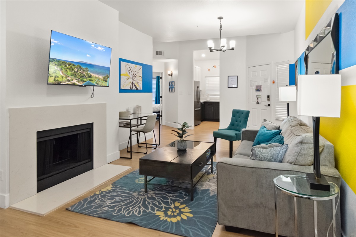 Modern living room with smart TV and cozy atmosphere