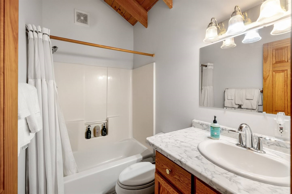 Full guest bathroom with many amenities