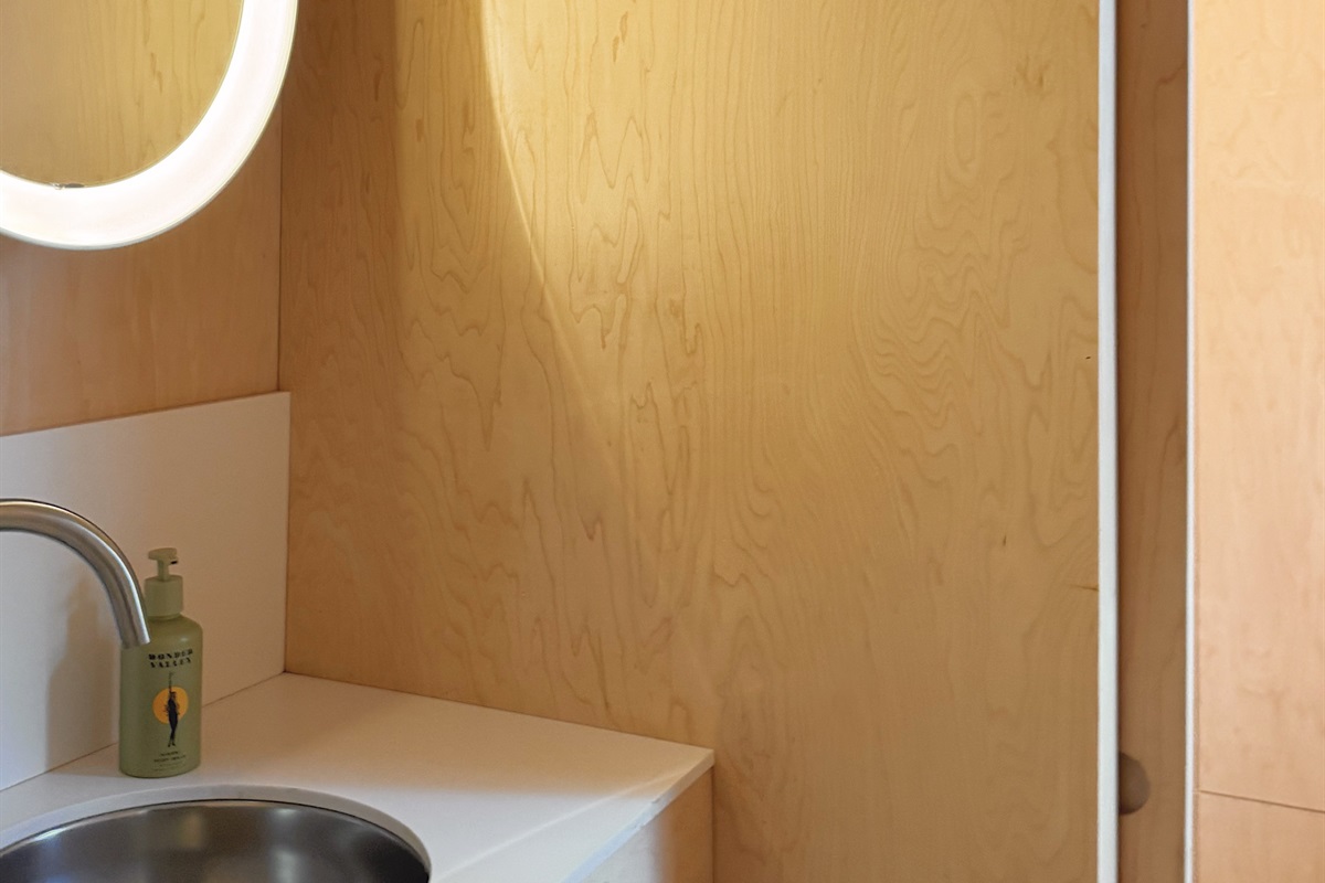 Half bath with vintage danish lighting.