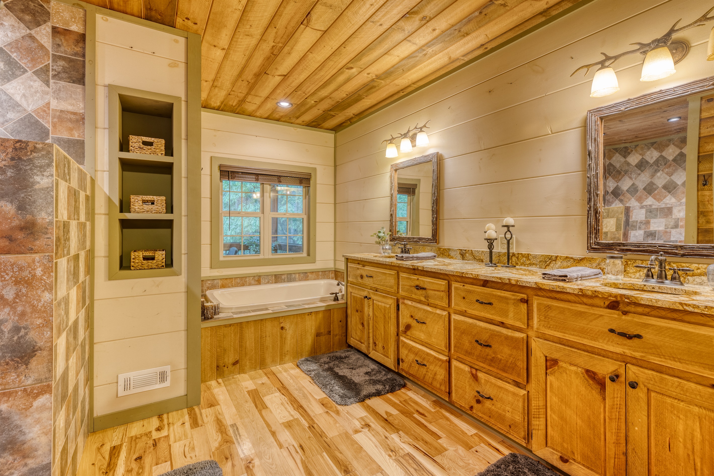 Master bath with soaking tub and double vanity with farmhouse COPPER sinks!