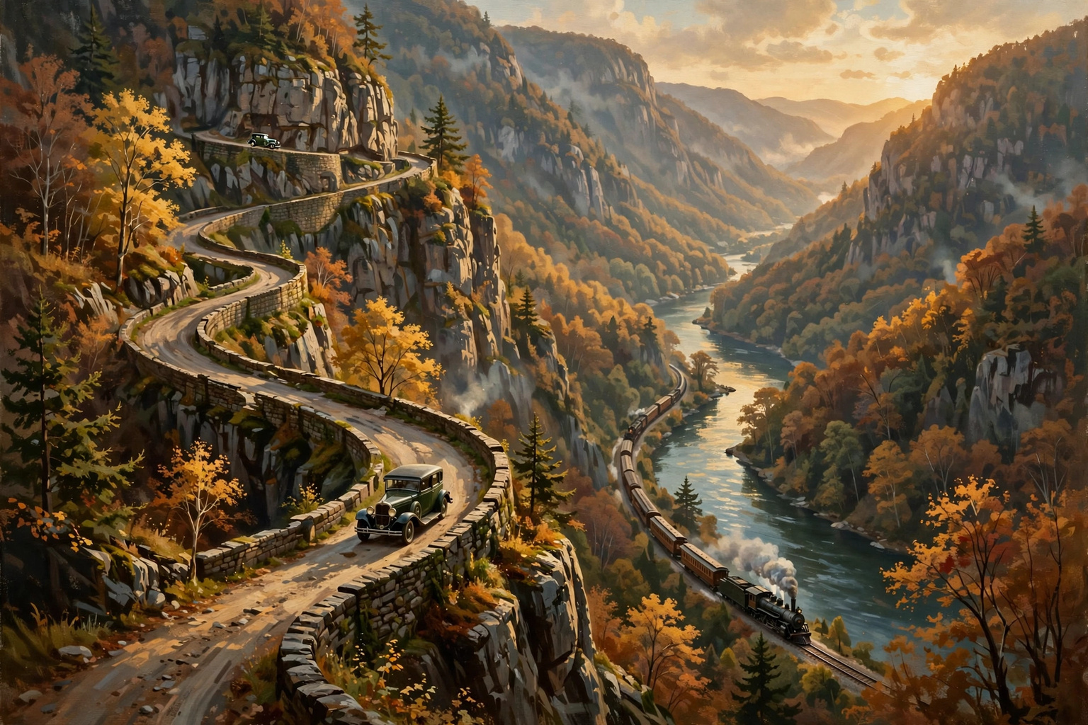Illustration of the Hawk's Nest cliff road above the Delaware River with mountains beyond