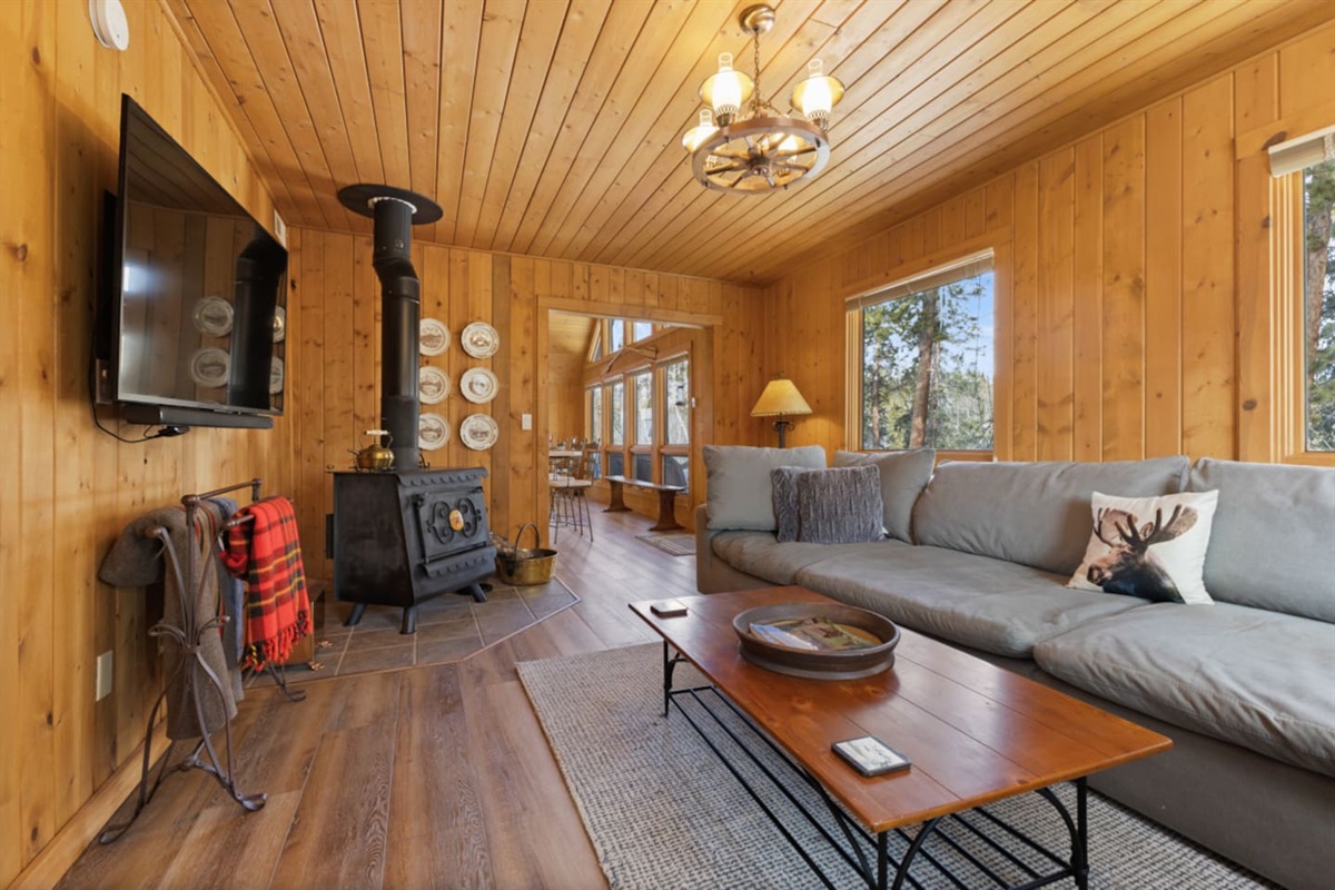 Living Room with HDTV & Wood Burning Stove