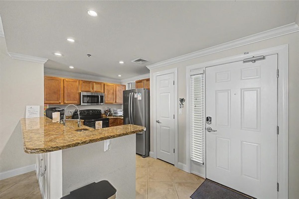 Fully equipped kitchen with Keurig, coffee pot, blender, microwave and all accessories needed for a wonderful holiday