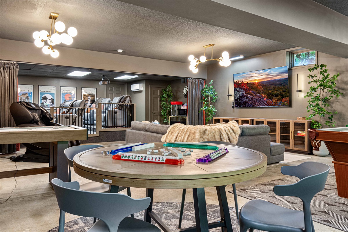 Not just poker! This multi-game table is perfect for mah jongg, card tournaments, or simply sharing laughs late into the night.Tiles and racks included - Bring your cards to play NMJL all night long! Tiles and racks are in the TV console.