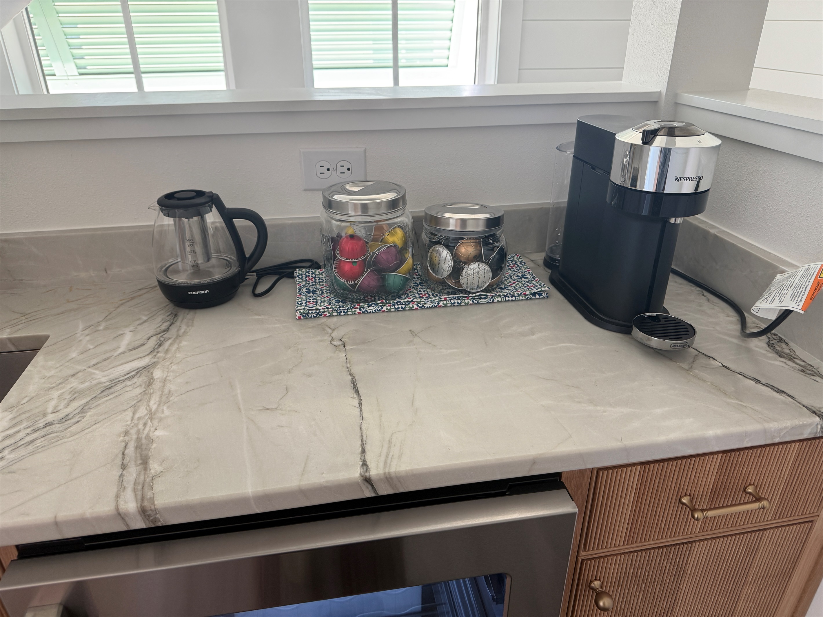 Main house upstairs beverage station with mini-fridge and Nespresso coffee/espresso machine