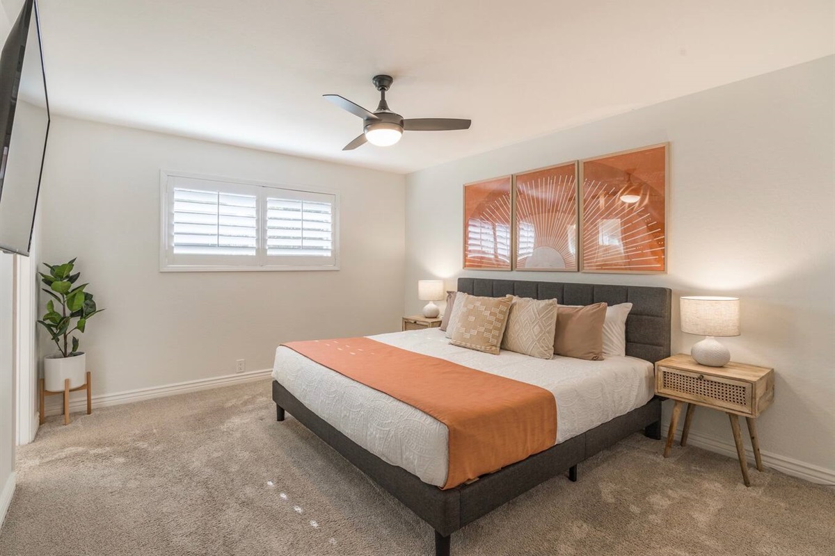 Main bedroom features a brand new king bed and ensuite bathroom. Bathroom has double sinks and shower.