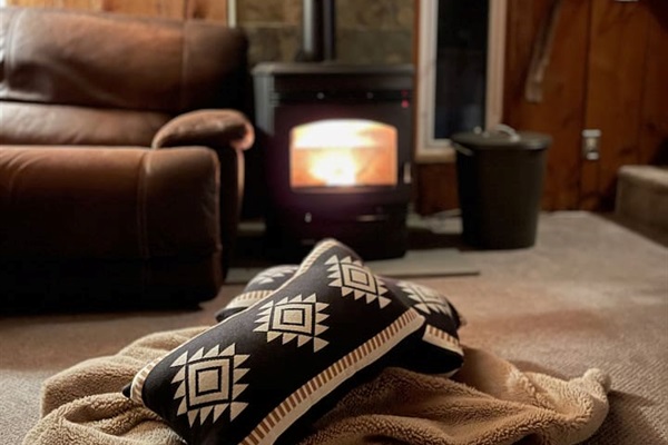 Cozy wood pellet stove in the middle of the living room