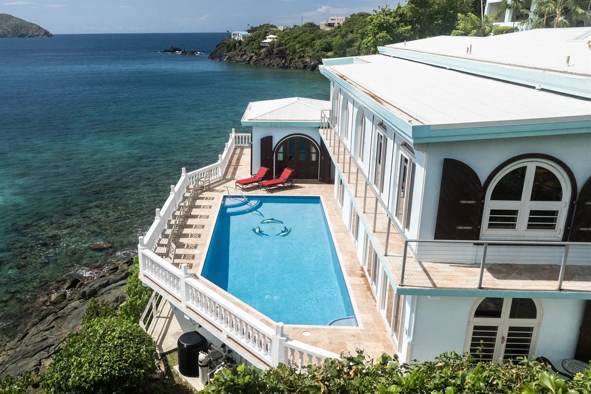 Spacious terraces overlooking the serene waters of Hull Bay.