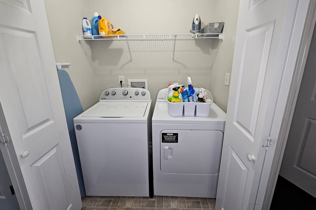 Brand new washer and dryer. You will find an ironing board, iron, and step stool here.  Complimentary laundry and cleaning supplies are provided. 