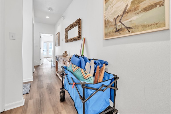 The house is stocked with everything you need for a day at the beach: Cool Cabana, wagon, beach chairs, boogie and skim boards, and a beverage cooler