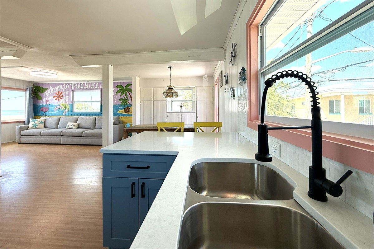 Retro Kitchen Area Looking into Living & Dining Area