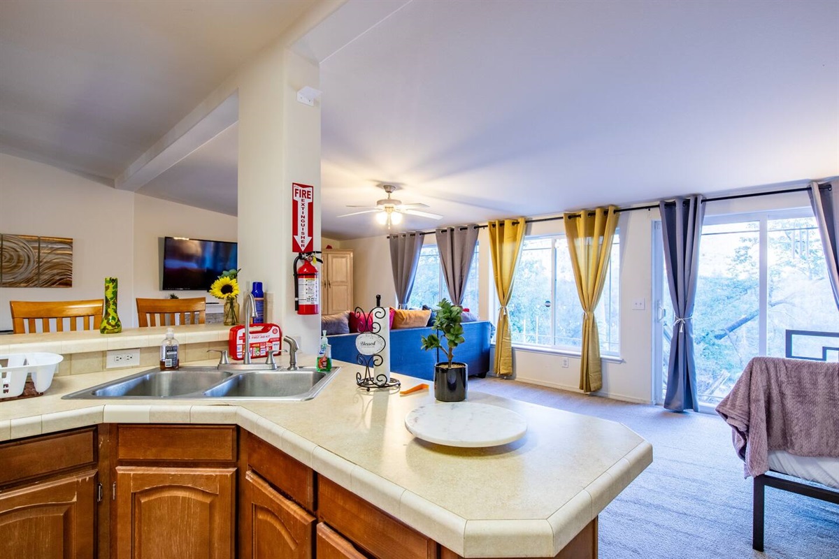 Open kitchen layout with unobstructed views of the sierras from the living room