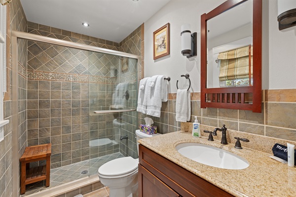 Ensuite Bathroom - Walk-In Shower, Hair Dryers, Teak Shower Bench