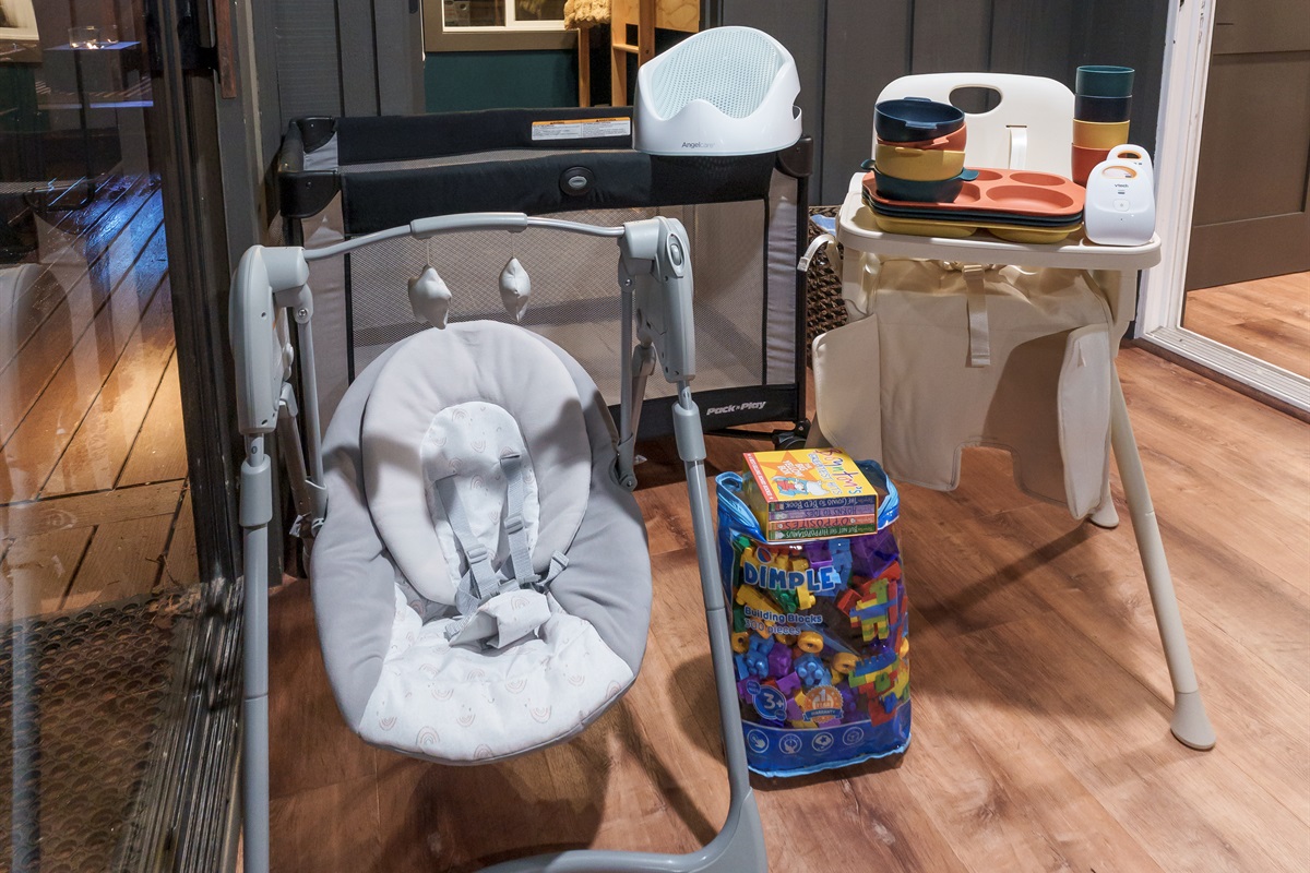 Fully stocked for families with a baby swing, baby bath, Pack-n-Play, high chair, baby monitor, board books, Duplo box, and toddler dishes—all ready for your stay.