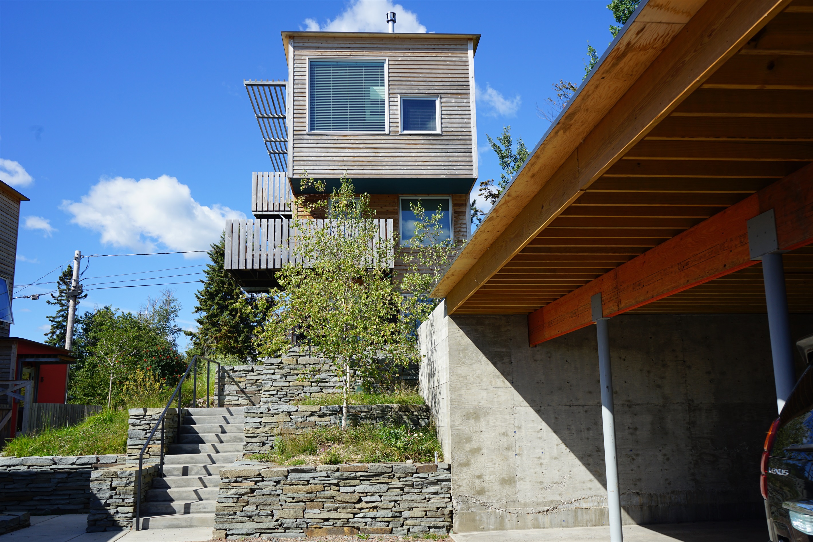 This picture shows the completed stone landscape walls. 